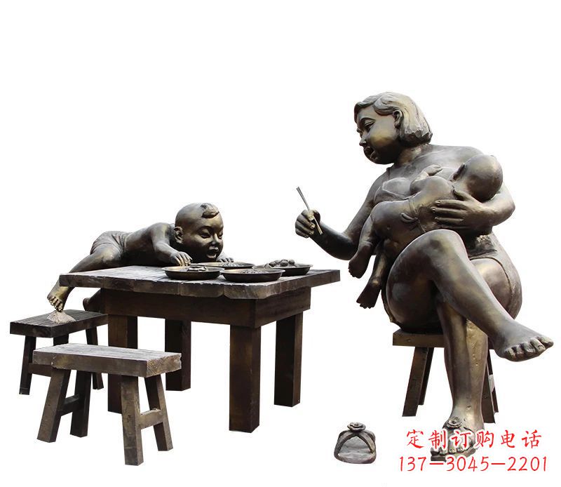 内江哺乳的母亲和吃饭的儿童公园小品铜雕