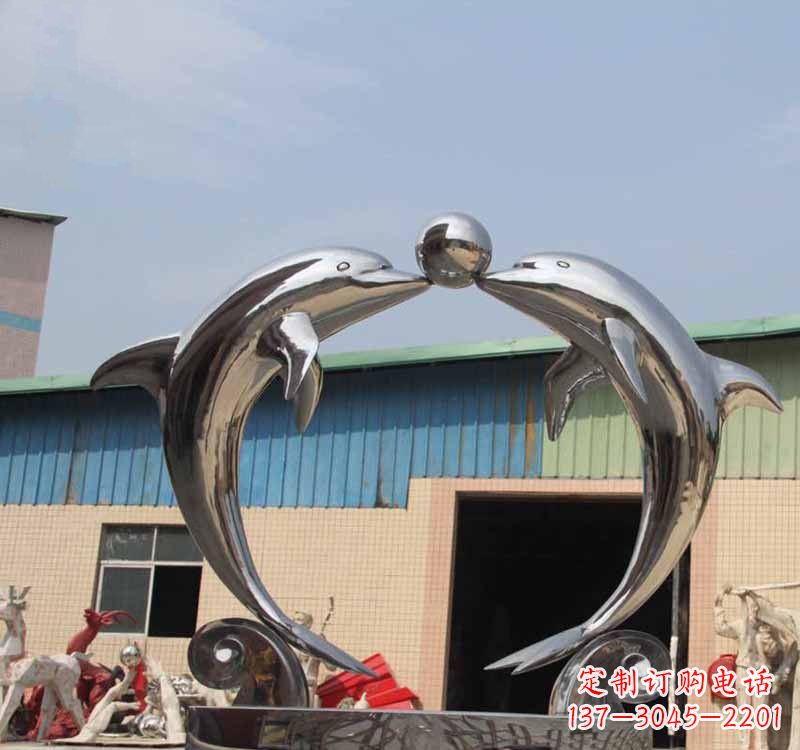 内江海豚之恋——不锈钢公园镜面海豚顶球雕塑