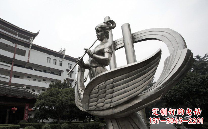 内江古典美女不锈钢吹笛子雕塑