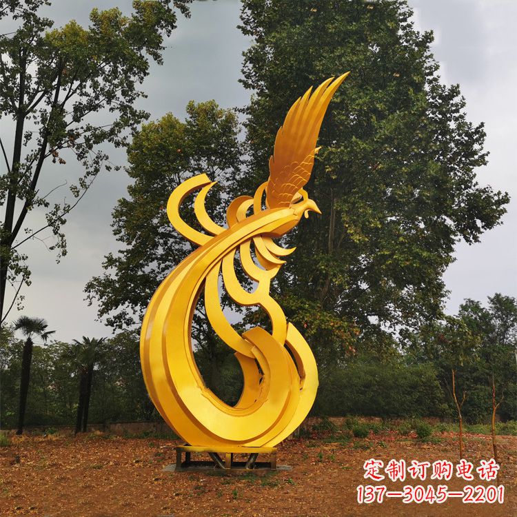 内江不锈钢漆金凤凰雕塑-黄金色园林动物景观雕塑