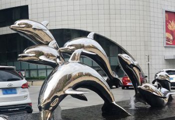 内江海豚雕塑点亮城市商场的不锈钢镜面水景