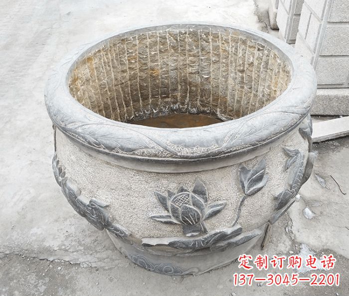 内江仿古荷花鲤鱼浮雕石水缸 (3)