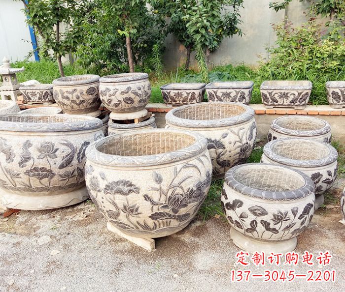 内江仿古荷花鲤鱼石浮雕水缸 (2)
