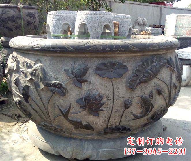 内江精美仿古荷花鲤鱼浮雕石水缸