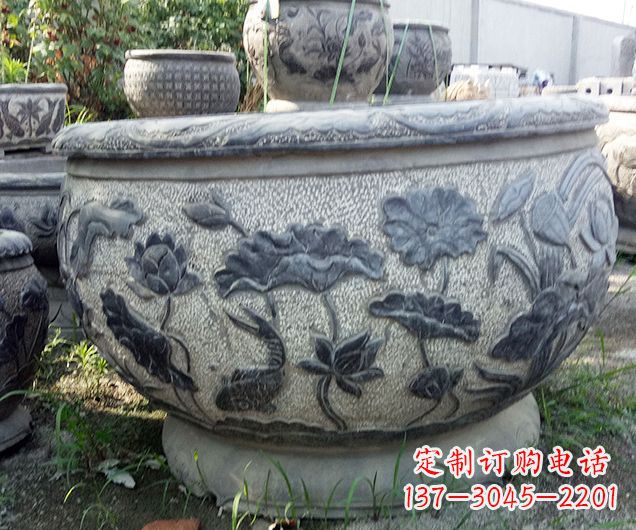 内江中领雕塑仿古荷花石浮雕水缸