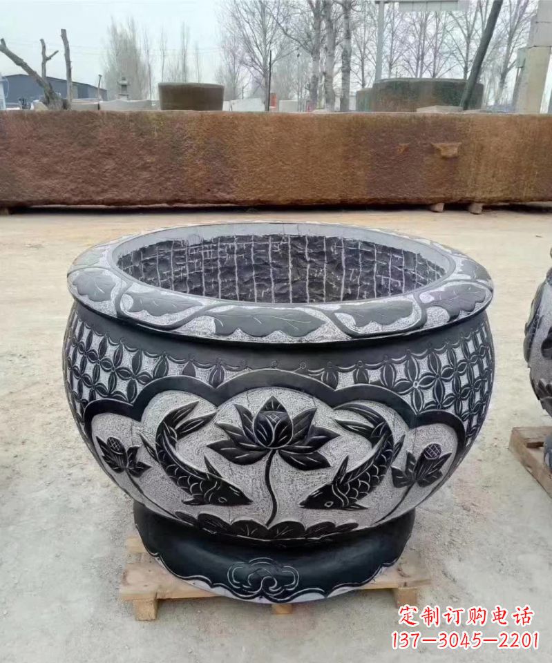 内江仿古石雕荷花鲤鱼水缸