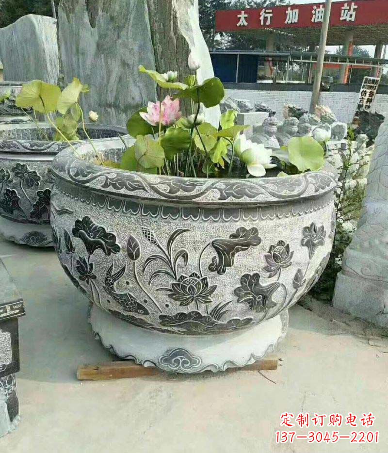 内江仿古石雕荷花水缸