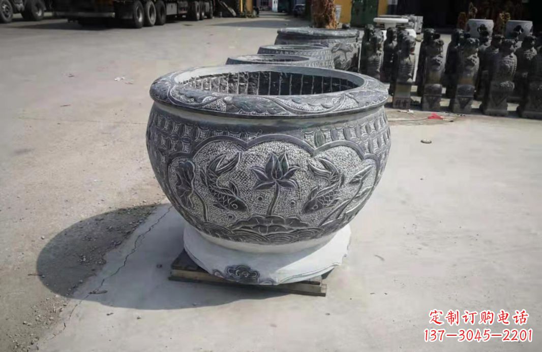 内江仿古石水缸荷花鲤鱼石浮雕石雕