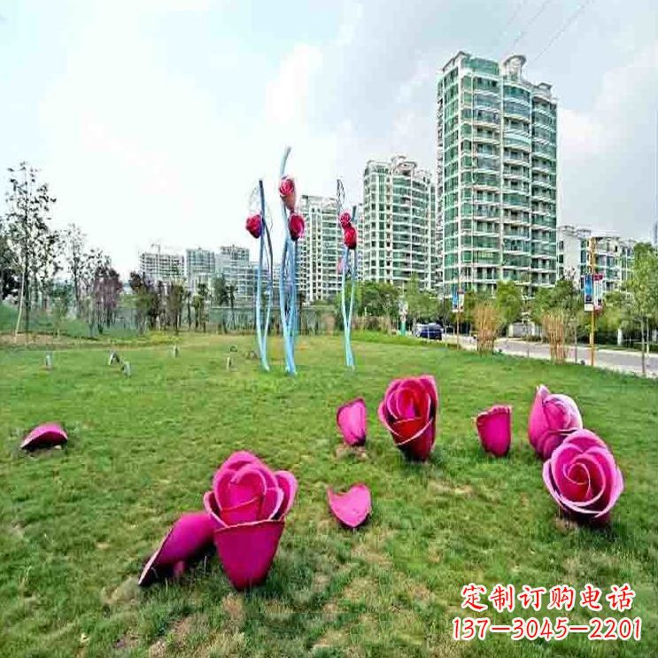 内江公园草坪不锈钢玫瑰装饰花朵雕塑