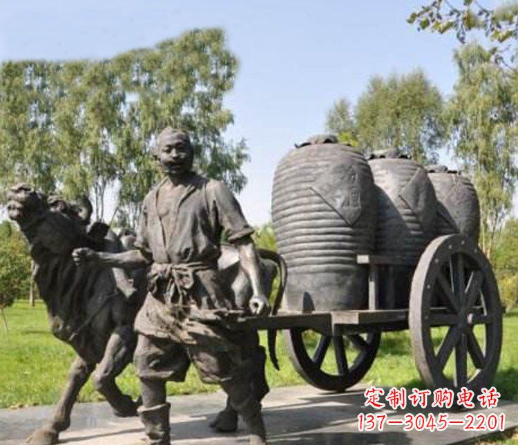 内江公园驾着牛车拉酒缸的古代人物小品铜雕