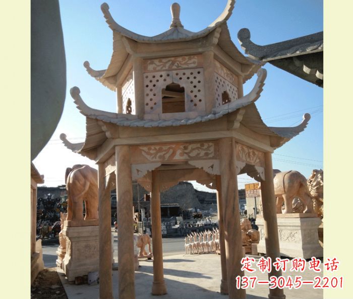 内江公园晚霞红六角双层中式石雕凉亭