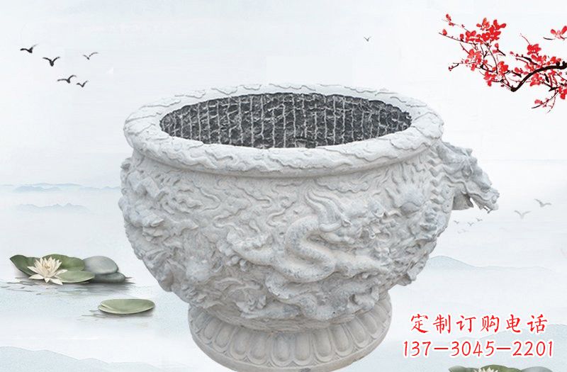 内江汉白玉龙浮雕水缸,传承传统经典