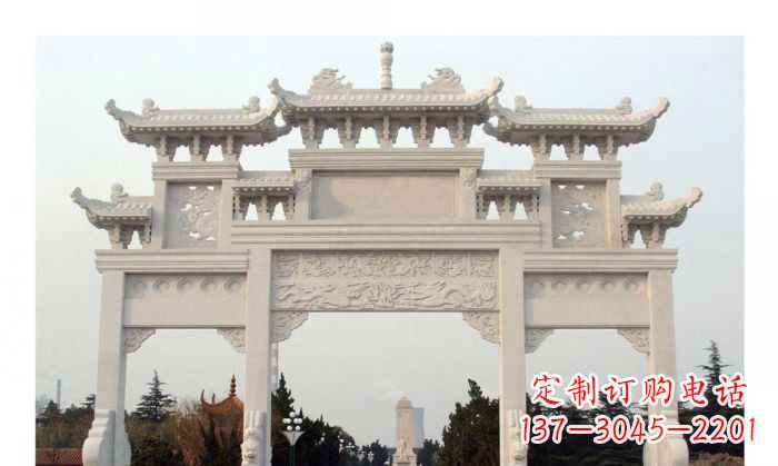 内江汉白玉三门牌坊石雕艺术品