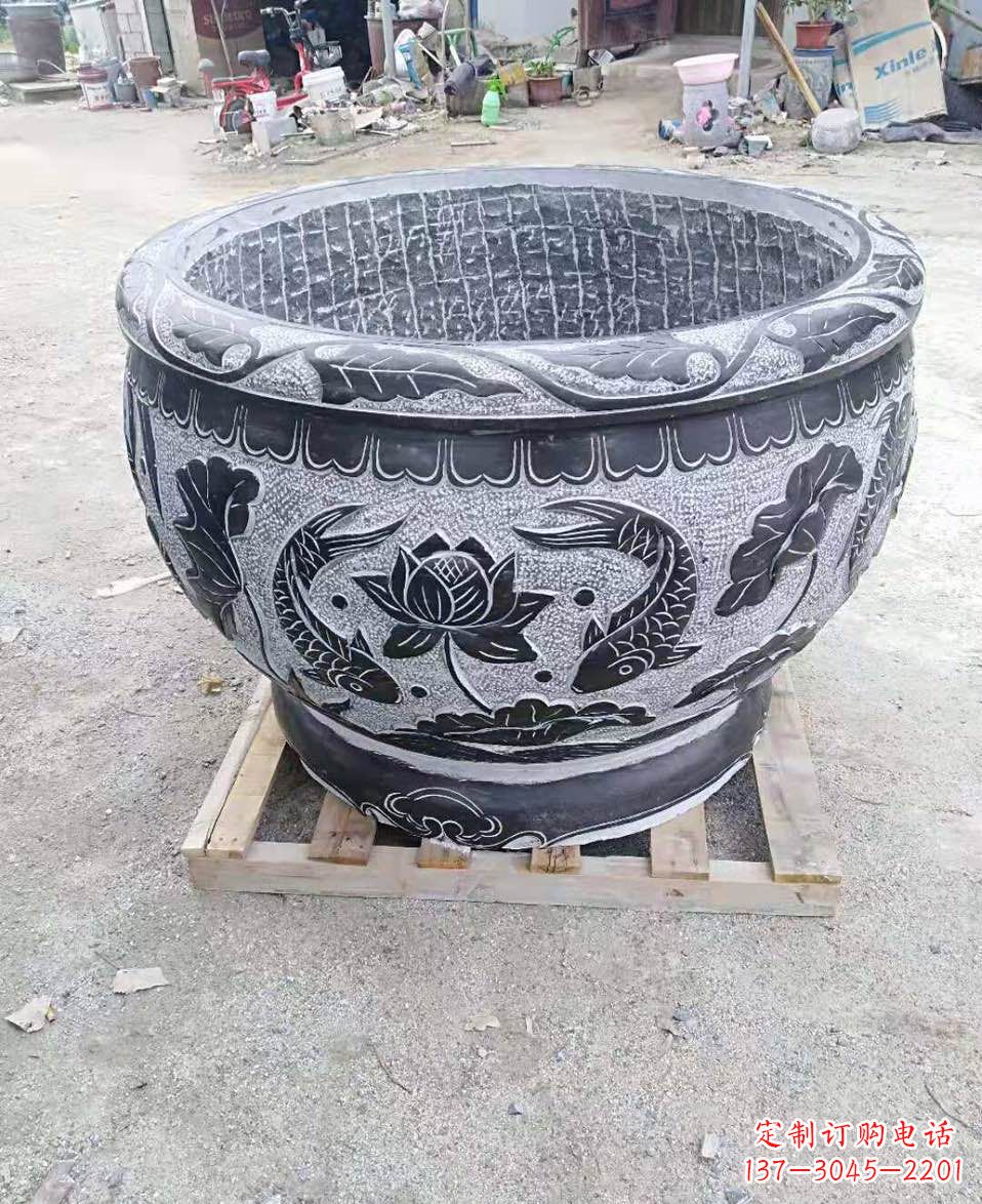 内江荷花鲤鱼浮雕石头水缸鱼缸
