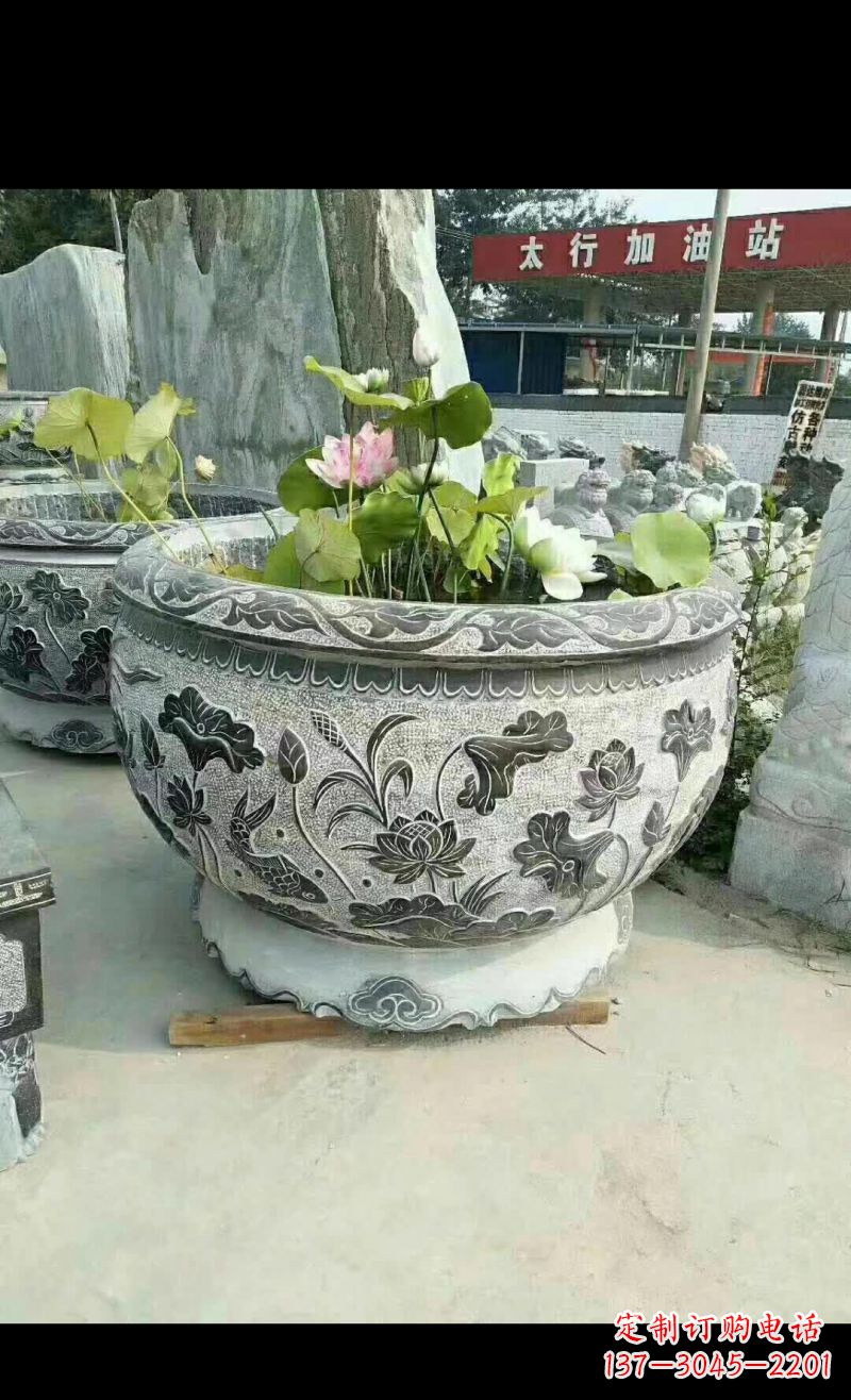 内江精美荷花鲤鱼石浮雕水缸