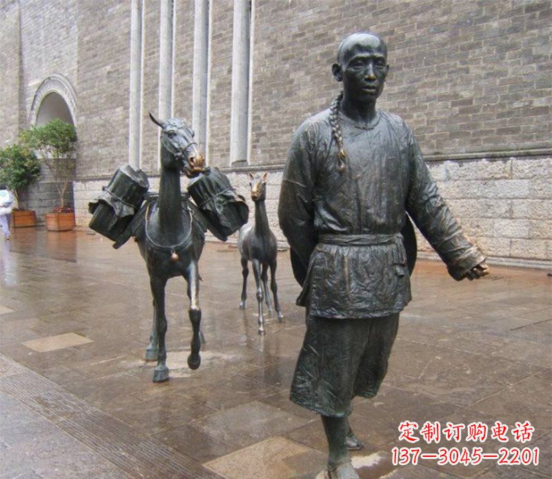 内江街边牵毛驴的古代人物小品铜雕