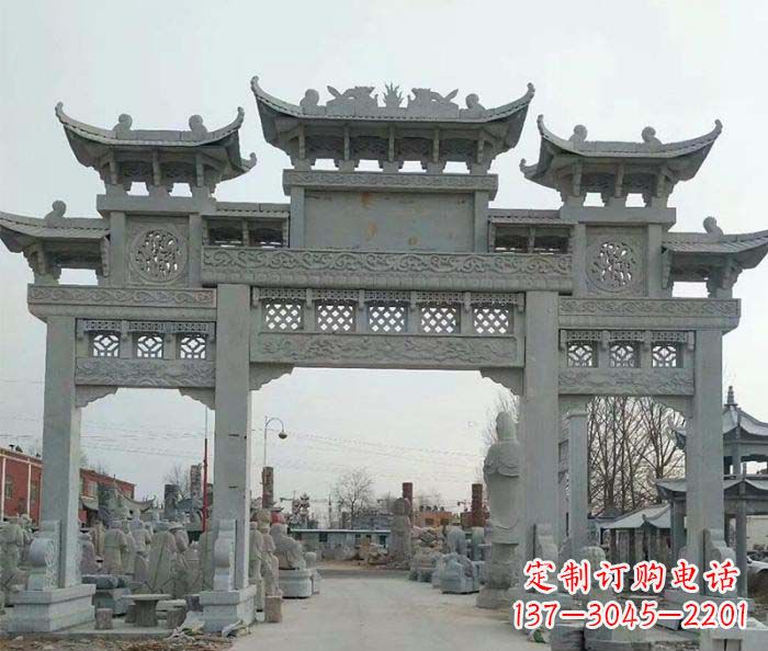 内江三门牌坊石雕,精美汉风石雕装饰景区