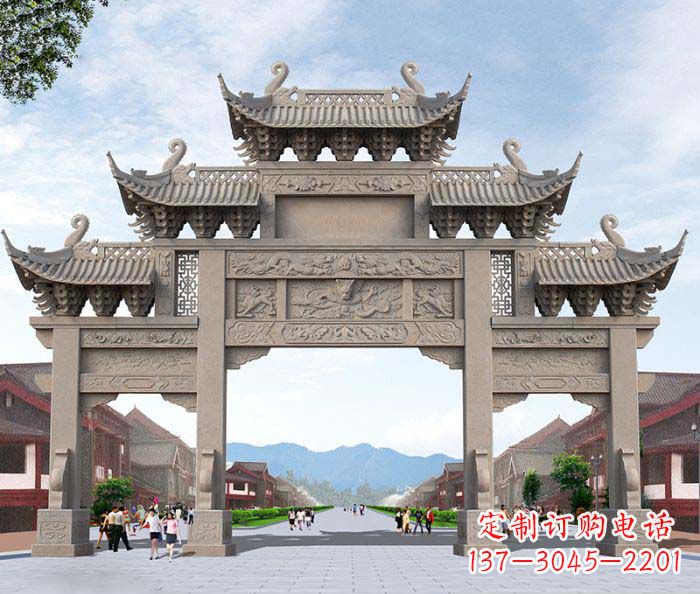 内江景区三门石雕牌楼——精美雕塑定制