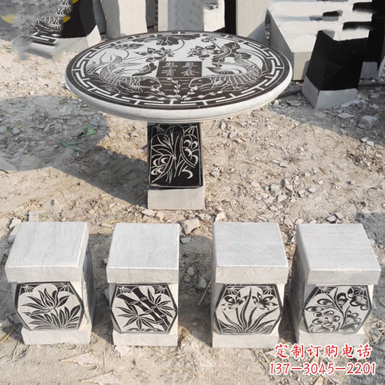 内江梅兰竹菊仿古方石桌凳雕塑,古朴典雅