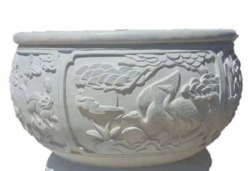 内江汉白玉松鹤延年浮雕水缸，带给您无尽的岁月美景