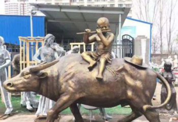 内江专为儿童量身定制的牧童骑在牛背吹笛铜雕