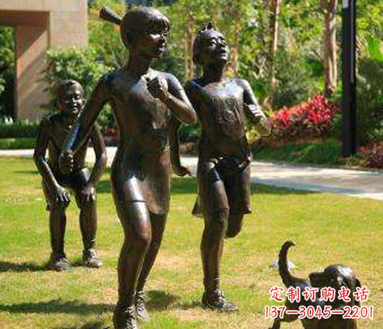 内江宁夏中领雕塑推出的儿童铜雕跑步遛狗,一款…