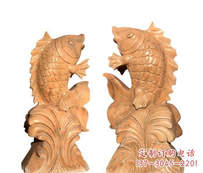 内江中领雕塑:精美的鲤鱼喷水晚霞红石雕