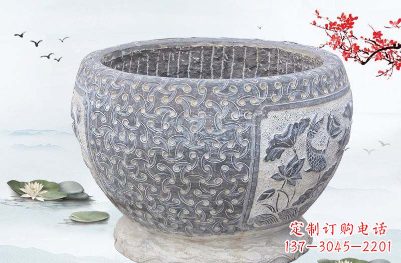 内江青石仿古鲤鱼浮雕水缸,精致雕塑设计