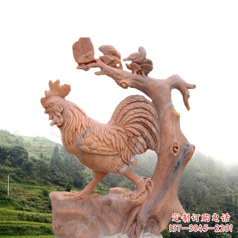 内江生肖动物酉鸡晚霞红石雕