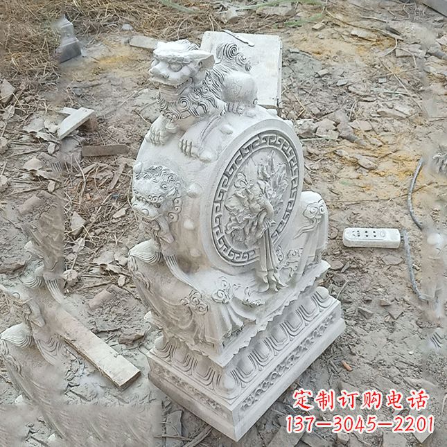内江双龙石雕门墩汉白玉狮子头