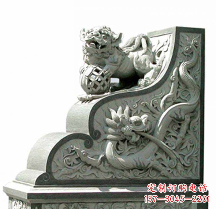 内江寺庙景观玩绣球狮子石雕门墩