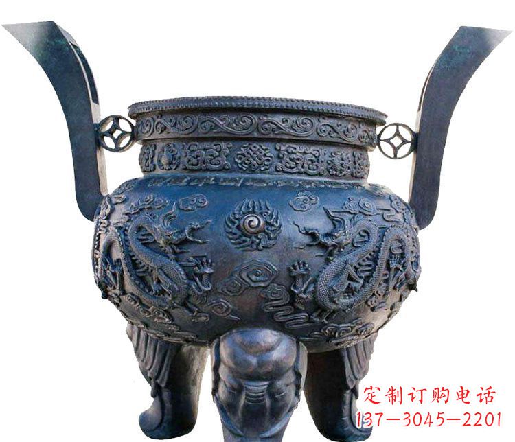内江寺庙圆形三足鼎铜雕香炉