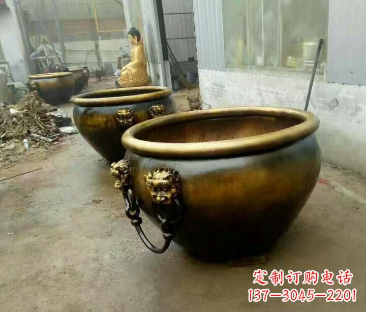内江铜雕圆形荷花水缸雕塑 (2)