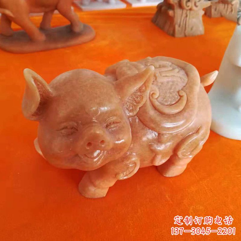 内江晚霞红大理石招财猪雕塑-企业商场创意生肖动物风水摆件