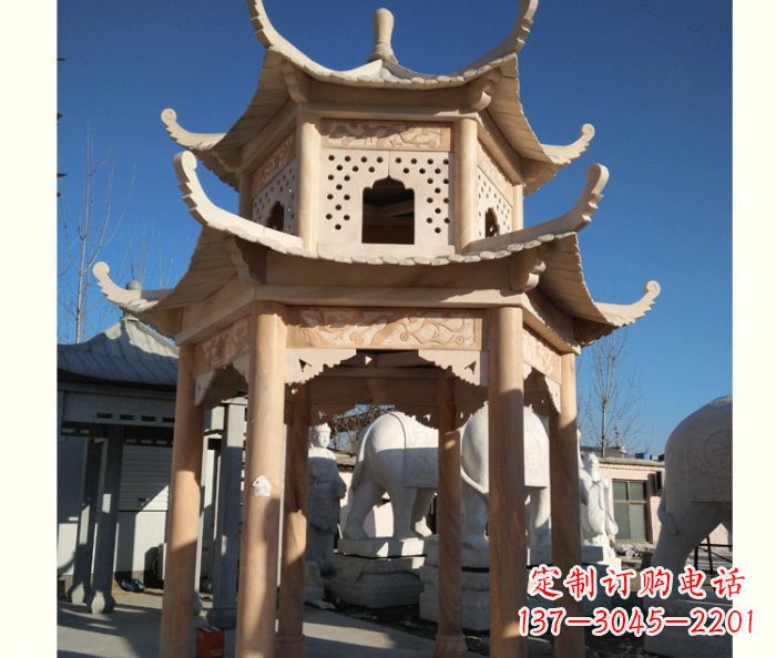 内江晚霞红公园双层六角凉亭石雕 (2)