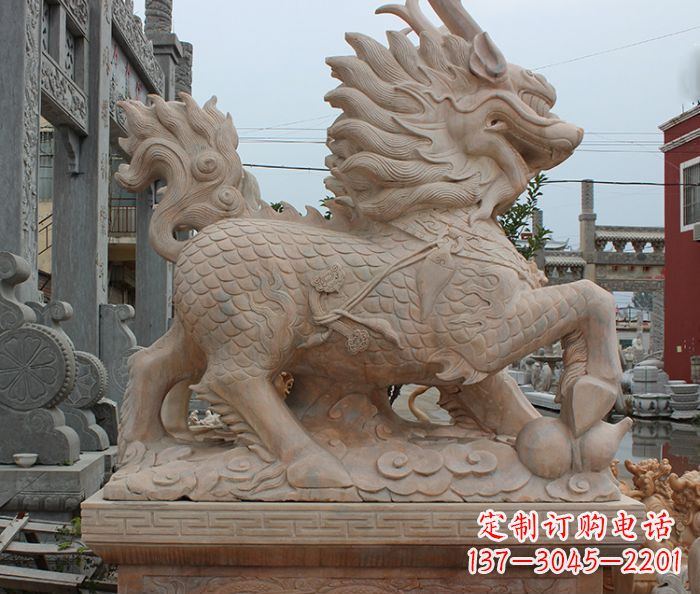 内江晚霞红古代神兽麒麟石雕