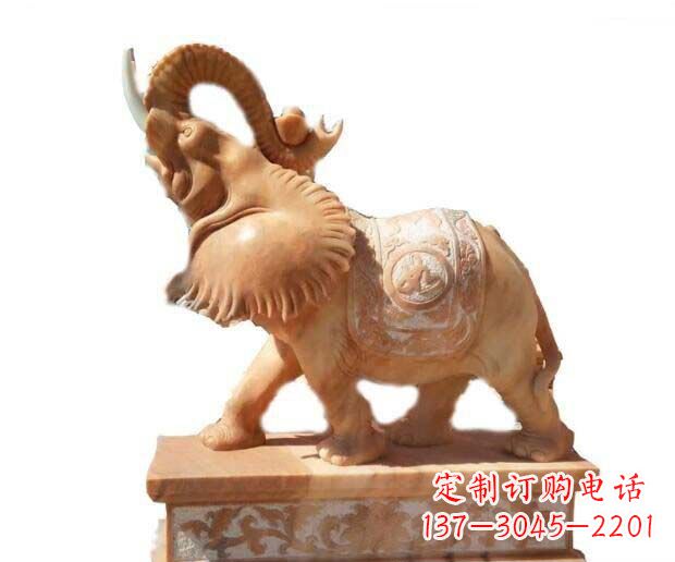 内江晚霞红吉祥如意象鼻朝天的大象石雕