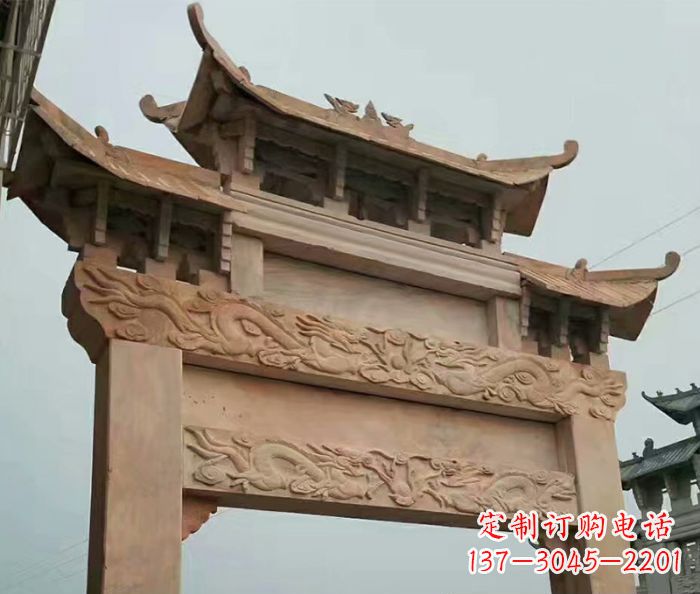 内江晚霞红石雕单门牌坊