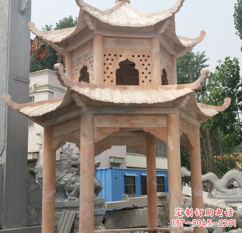 内江晚霞红双层六角凉亭石雕 (2)