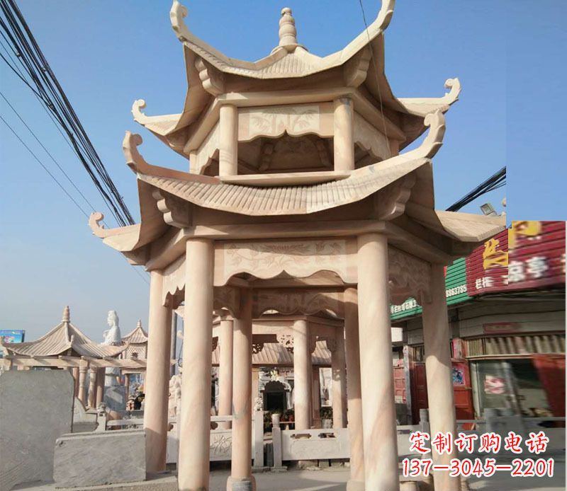 内江晚霞红双层六角凉亭石雕 (3)