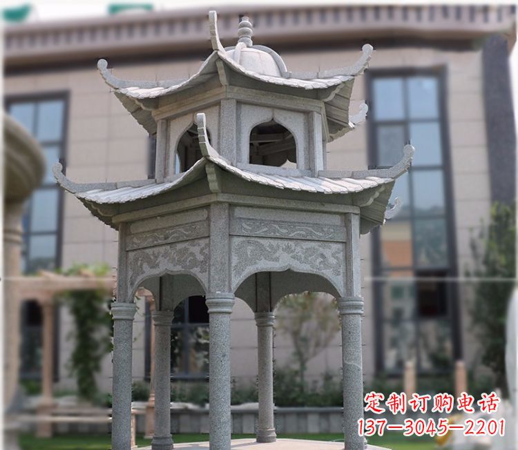 内江小区大理石六角石雕双层凉亭