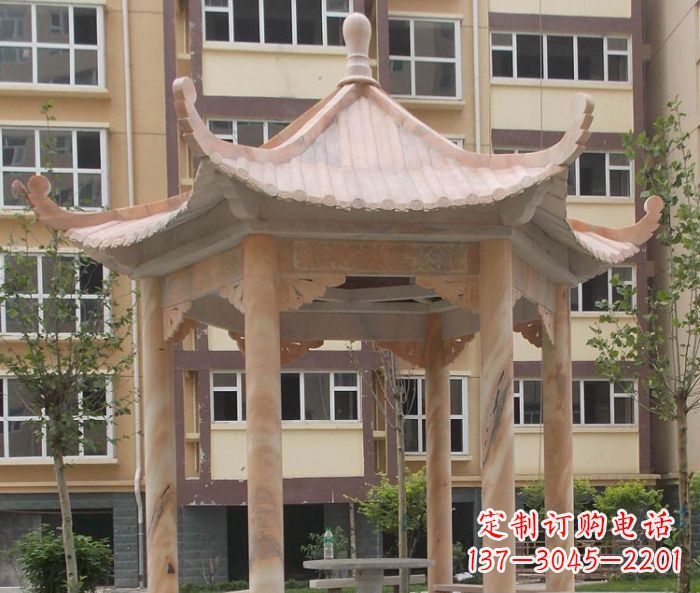 内江小区晚霞红六角凉亭石雕