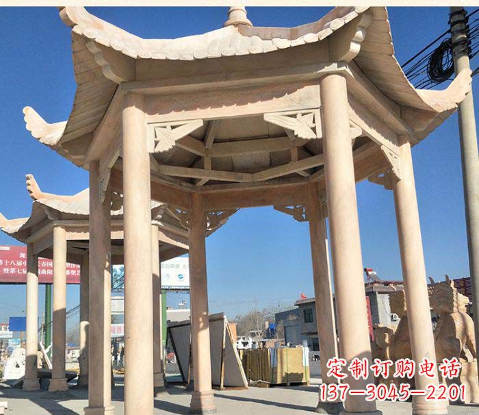内江园林景观晚霞红六角石雕凉亭 (2)