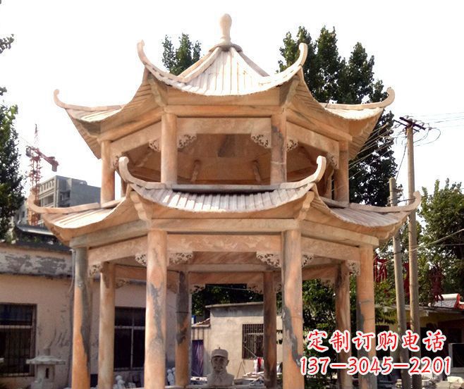 内江园林景观晚霞红双层石雕凉亭