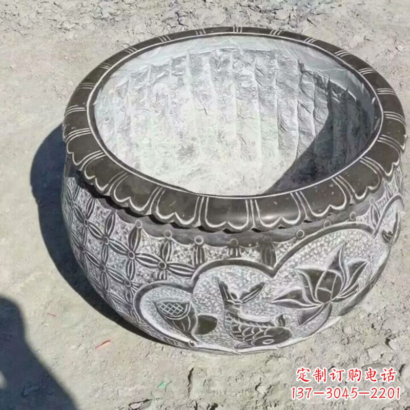 内江园林莲花鱼纹石雕水缸