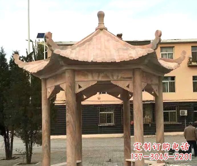 内江园林晚霞红六角石雕凉亭