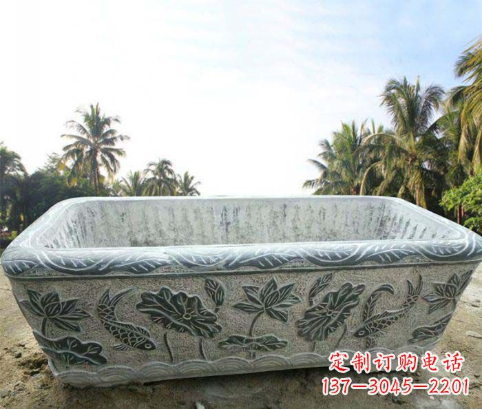 内江长方形连年有余荷花浮雕石水缸