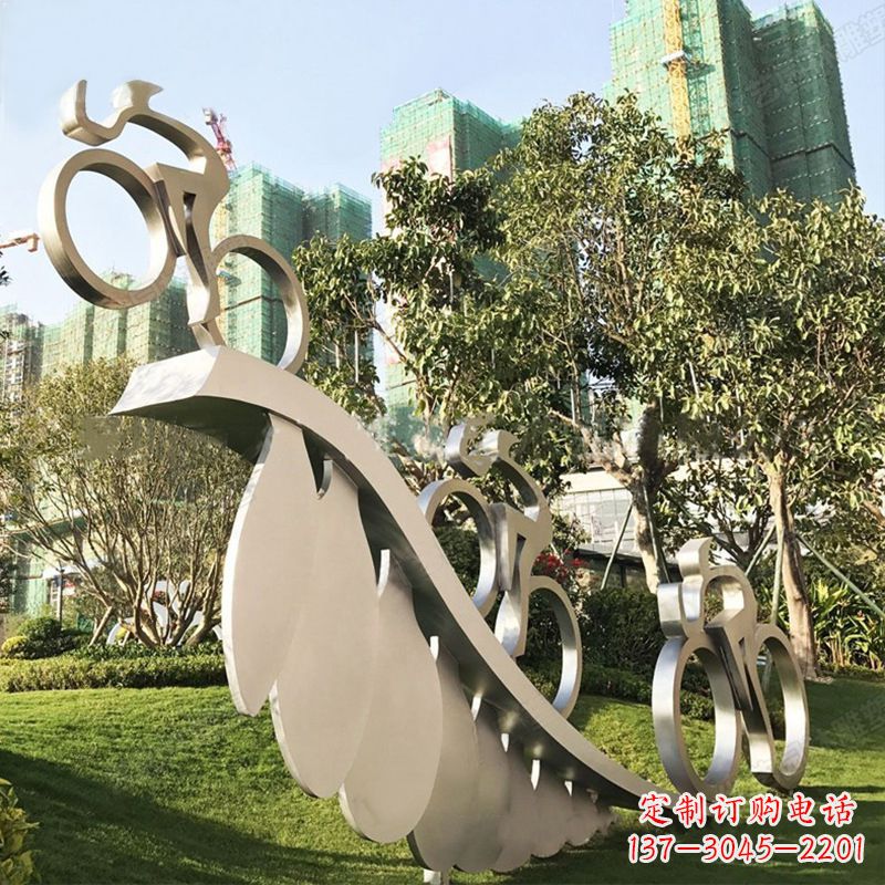内江自行车雕塑-抽象不锈钢骑自行车人物景观雕塑