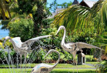 内江鹤雕塑-公园池塘不锈钢镜面抽象喷泉中的鹤雕塑